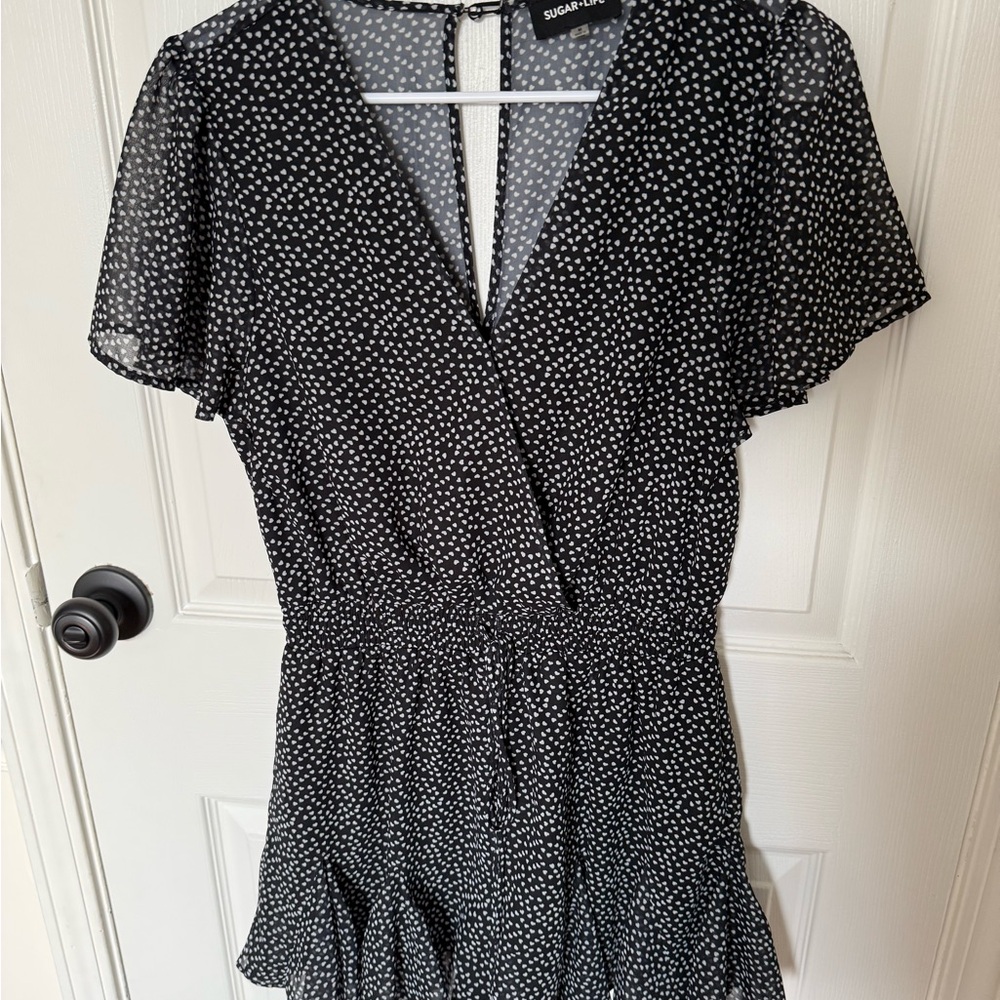 Sugarlips Black and White Polka Dot Surplice Romper